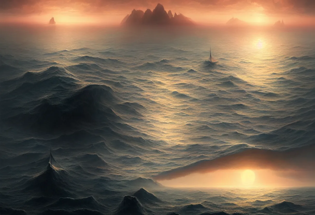 Image similar to strange sea surface of autumn planet at sunset, sailing ship on horizon, ultra high definition, ultra detailed, symmetry, fog, matte painting, by greg rutkowski and ross tran and wlop