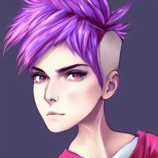 Image similar to full headshot portrait of anime woman with purple pixie cut mohawk punk, digital art, drawn by WLOP, by Avetetsuya Studios, anime manga panel, trending on artstation, wearing a plaid shirt