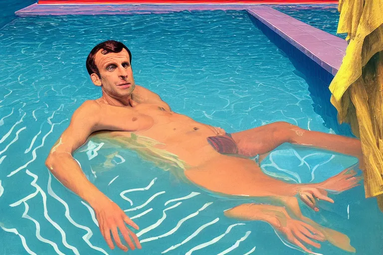 Image similar to emmanuel macron underwater swimming in a pool in california house, wearing small speedo, water is shimmering, by david hockney, peter doig, lucien freud, francis bacon, bouguereau, norman rockwell, pop surrealism