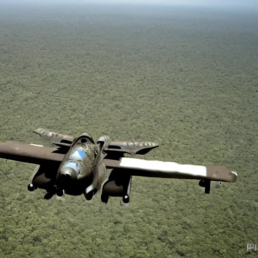 Image similar to a-10 warthog, bombs, explosions, dense jungle, Ariel shot