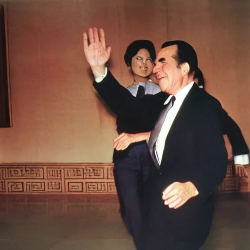 Prompt: richard nixon dancing in china