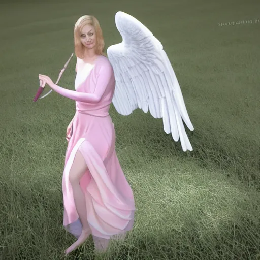 Prompt: an angel with pink wings and white dress holding a wand, cenimatic lighting, hyper realistic, path tracing, fantasy art