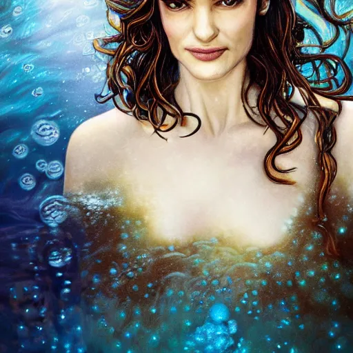 Prompt: rachel weisz portrait, fantasy, mermaid, hyperrealistic, game character, underwater, highly detailed, sharp focus, cinematic lighting, pearls, glowing hair, shells, gills, crown, water, highlights, starfish, jewelry, realistic, digital art, pastel, magic, fiction, ocean, king, colorful hair, sparkly eyes, fish, heroic, god, waves, bubbles