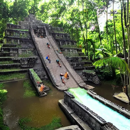 Image similar to ancient mayan waterpark full of carved water slides