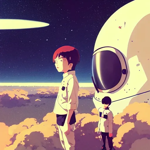 Image similar to portrait of boy and girl with astronaut helmets by ilya kuvshinov, cloudy sky background lush landscape ln illustration concept art anime key visual trending pixiv by victo ngai fanbox by greg rutkowski makoto shinkai takashi takeuchi studio ghibli