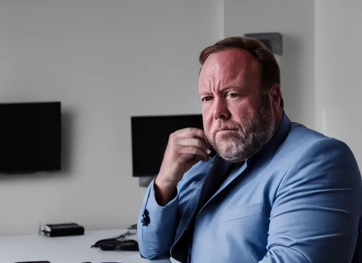 Image similar to dslr photo still of infowars host alex jones in a blue suit fat grey beard and mustache!!! sitting depressed!!! in a!!! room with a giant iphone behind him!!!, 5 2 mm f 1. 8