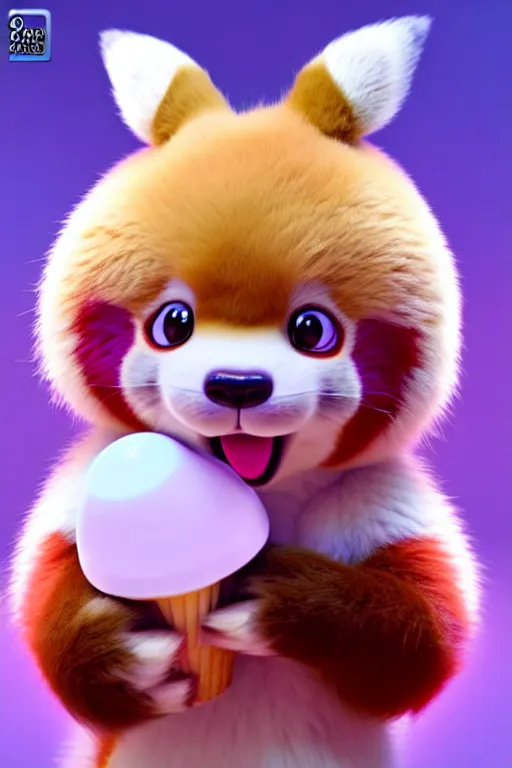Prompt: high quality 3 d render hyperrealist very cute pastel fluffy red panda & koala hybrid eating giant ice cream, vray smooth, in the style of detective pikachu, very dramatic light, low angle, uhd 8 k, shallow depth or field