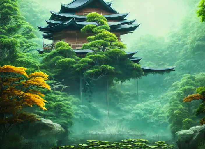 Prompt: overgrown foliage overtaking tall japanese architecture, underwater environment, borealis, scenery, professional, award - winning, trending on artstation, hyper detailed, realistic, beautiful, emotional, shiny, golden, picture