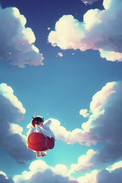 Image similar to a very cute dango daikazoku, by rhads, makoto shinkai and lois van baarle, johannes voss, low angle fisheye view, sky whith plump white clouds, elegant, highly detailed, artstation, 8 k, unreal engine, hdr, concept art, volumetric lighting matte