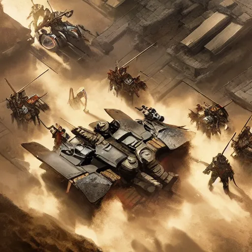 Image similar to Ragtag militia fighting advanced combat robots in a village, combat photography by Feng Zhu, highly detailed, excellent composition, cinematic concept art, dramatic lighting, trending on ArtStation