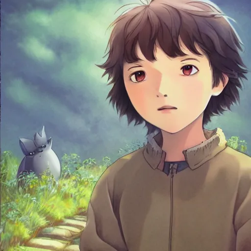 Prompt: young boy and ghibli creature , with Fragile looking character portrait face made by Studio Ghibli highly detailed art, beautiful scene, sharp focus, smooth,fantasy, 8k, anime art