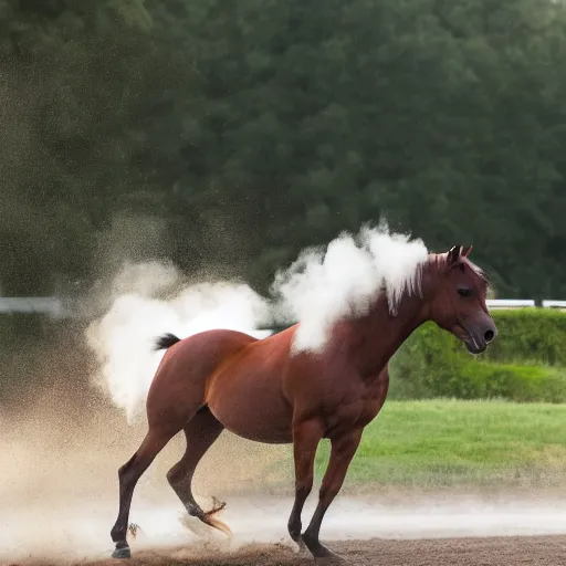 Image similar to photo of a horse doing a burnout. sigma 8 5 mm f / 8