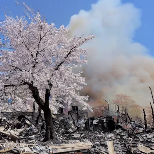 Image similar to a sakura tree in the desolation of the burning ruins around it