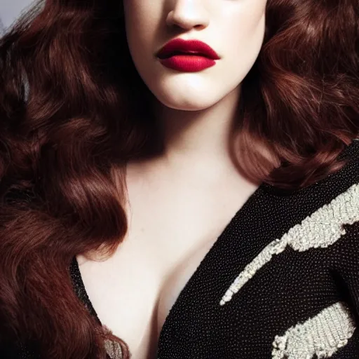 Image similar to close up of Kat Dennings face, large valentino dress in parisian luxury studio , official valentino editorial, highly detailed