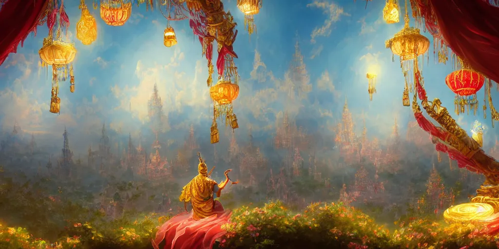 Image similar to painting of a god of wind enjoying his ornate heavenly palace, decorated with windchimes and paper lanterns, stunning nature in background, cinematic, 8 k, hyper detailed, digital art trending on artstation
