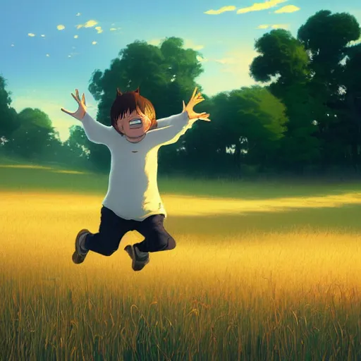 Prompt: A kid jumping over a wooden fence at golden hour in a plain grass field, by Makoto Shinkai and thomas kinkade, digital painting, Matte painting, trending on artstation and unreal engine