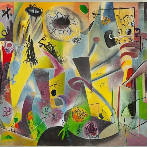 Image similar to by roberto matta, by david aja. this street art is a large canvas, covered in a wash of color. in the center is a cluster of flowers, their petals curling & twisting in on themselves. the effect is ethereal & dreamlike, & the overall effect is one of serenity & peace.