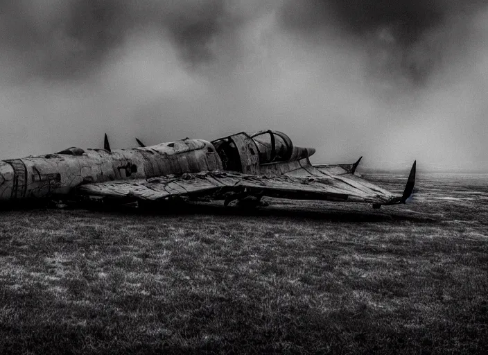 Image similar to black and white photograph of a crashed abandoned fighter jet in kansascity, rainy and foggy, soft focus