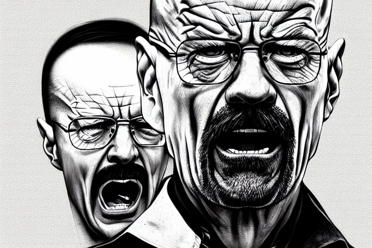 Prompt: Walter white angry screaming, artstation, concept art, sharp focus, illustration in pen an ink, black and white, art by Masashi Tanaka