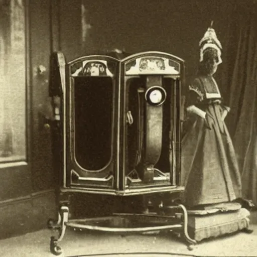 Prompt: edwardian photograph of a time machine, eery, photograph very grainy, slightly blurry, 1900s, 1910s, B&W