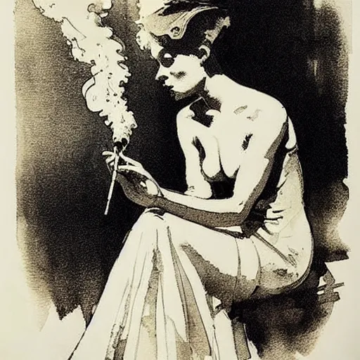 Image similar to the alchemical art of etching by master anders zorn. damsel smoking a long cigarette. ink highly detailed lines