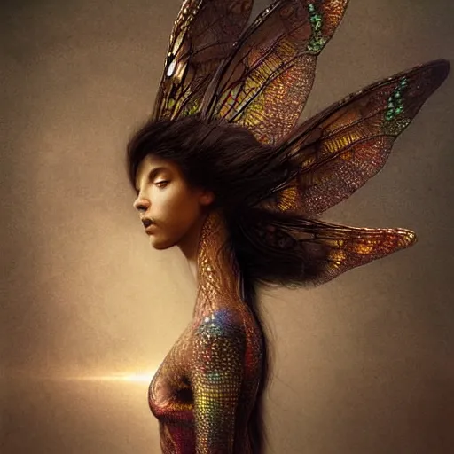 Image similar to brown woman wearing a dragonfly armor. iridiscent. extremely photorealistic. super detailed. layered. textured. award winning. dispersion of light. refracted lighting. soft. fragile. by ray caesar. by louise dahl - wolfe. by tom bagshaw. surreal photoraphy