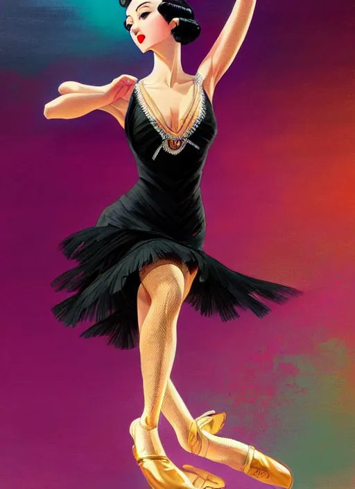 Image similar to a beautiful dancer with black hair in 1930's fashion, ballroom background, intricate, highly detailed, digital painting, artstation, official media, anime key visual, concept art, rich vivid colors, ambient lighting, sharp focus, illustration, art by Artgerm, Makoto Shinkai, Ilya Kuvshinov, Lois Van Baarle, and Rossdraws