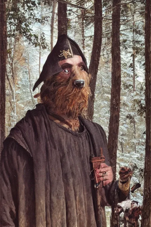 Prompt: Slavic dog head man, woolen torso in medieval clothes, walking in the forest, Orthodox Saint Christopher, oil painting, magic lights, painting by Viktor Vasnetsov, concept art, painting by Ivan Shishkin, hyperborea, beautiful dog head, hyperrealism, beautiful, high resolution, trending on artstation,