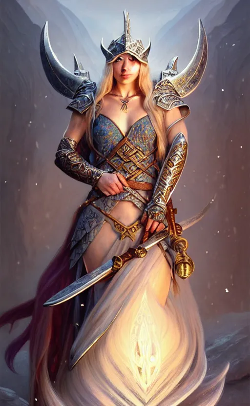 Image similar to opal viking warrior, regal, elegant, winter, snow, beautiful, stunning, hd, illustration, epic, d & d, fantasy, intricate, elegant, highly detailed, wide angle, digital painting, artstation, concept art, smooth, sharp focus, illustration, wallpaper, art by artgerm and greg rutkowski and alphonse mucha and jin xiaodi