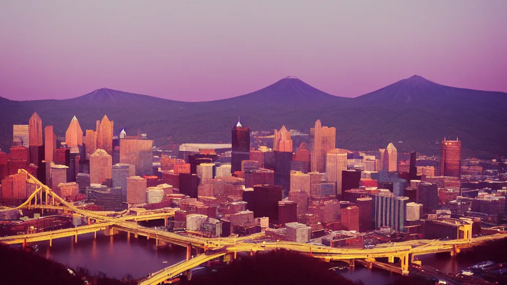 Image similar to Pittsburgh after the apocalypse, medium format photography taken from Mount Washington, Fuji sensia, 4k, golden hour