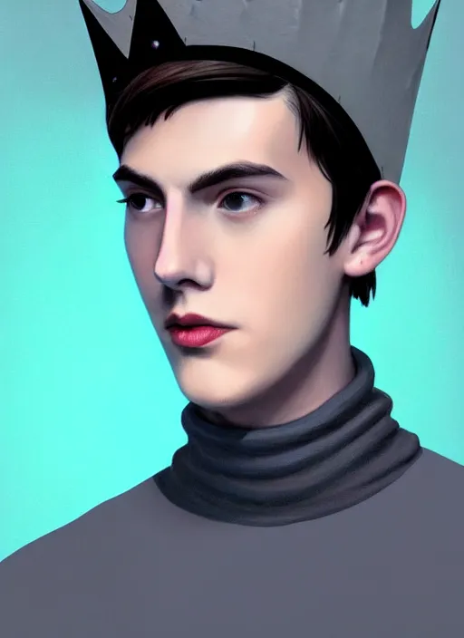 Image similar to portrait of teenage jughead jones wearing a light grey crown, crown, blue turtleneck, 1 9 5 0 s, closed eyes, photorealistic, black hair, glowing lighting, intricate, elegant, glowing lights, highly detailed, digital painting, artstation, concept art, smooth, sharp focus, illustration, art by wlop, mars ravelo and greg rutkowski