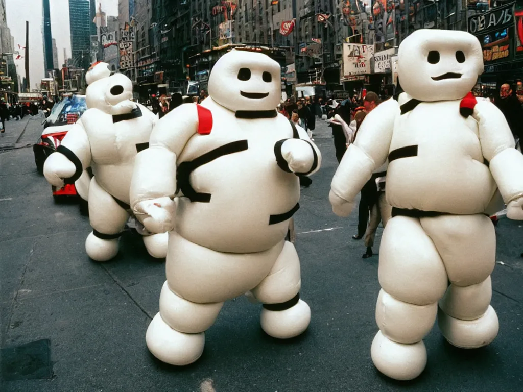 Prompt: 3 5 mm kodachrome colour photography of michelin man and stay - puft marshmallow man dancing in the streets of new york, taken by harry gruyaert
