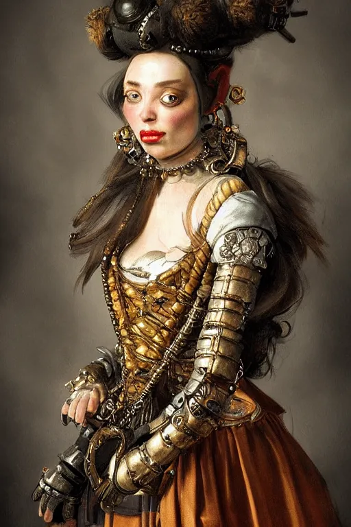 Prompt: portrait, headshot, digital painting, of a 17th century, beautiful cyborg girl merchant, dark hair, amber jewels, baroque, ornate clothing, scifi, futuristic, realistic, hyperdetailed, chiaroscuro, concept art, art by frans hals