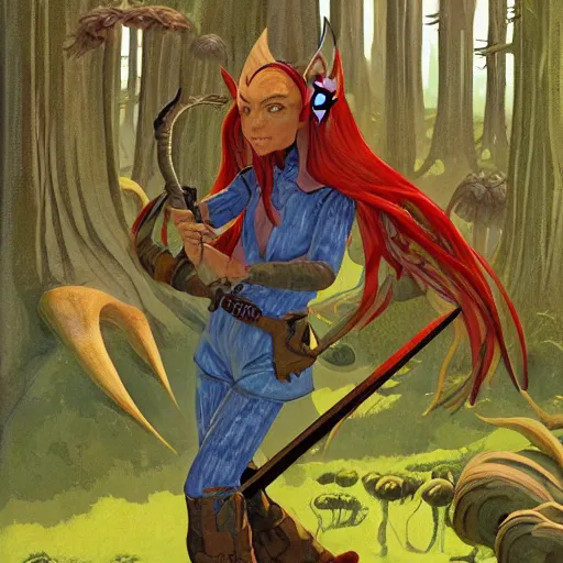 Image similar to moonshine cybin, epic level dnd wood elf spore druidess, wielding a magical sword, wearing magical overalls. covered in various fungi. full character concept art, realistic, high detail digital gouache painting by angus mcbride and michael whelan and jeffrey jones