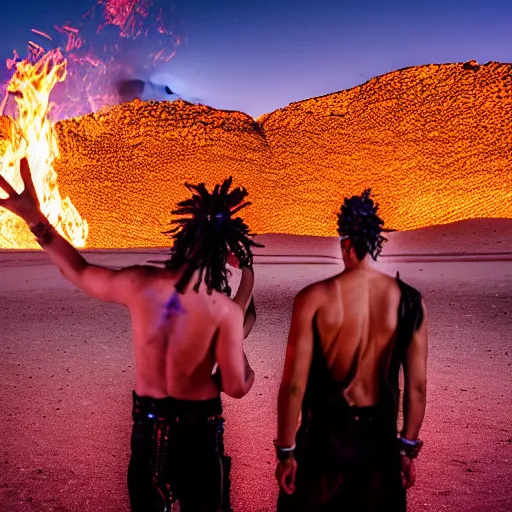 Image similar to portrait of three ravers photographed from behind, talking around a fire, photorealistic, dancefloor kismet, diverse costumes, clean composition, desert transition area, bonfire, night, australian desert, xf iq 4, symmetry, sony a 7 r, 1 5 0 mp, 5 0 mm