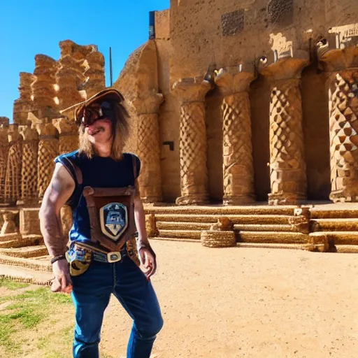 Image similar to a clash royale goblin with blonde long hair visiting Valle dei Templi, Agrigento, Italy