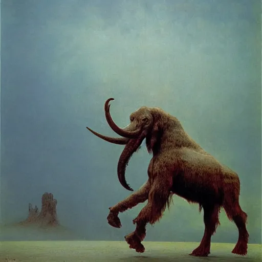 Prompt: ancient mammoth rider, wearing norse armor, beksinski