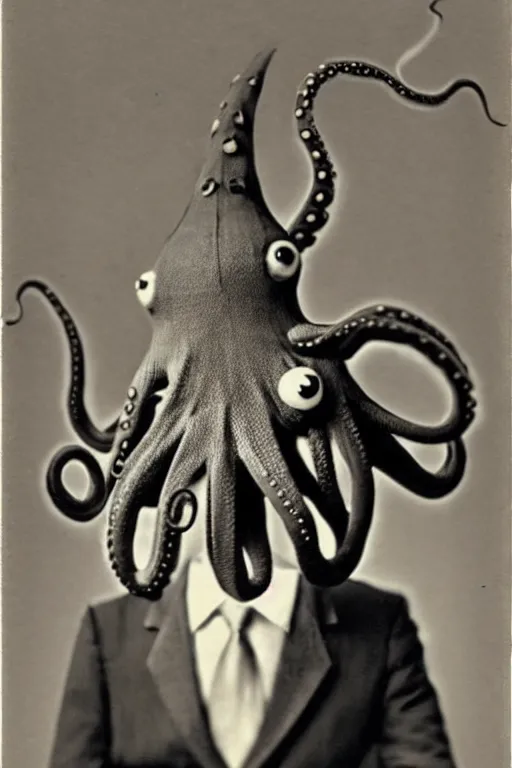 Image similar to anthropomorphic octopus , wearing a suit, tentacles spilling out of the collar, vintage photograph, sepia