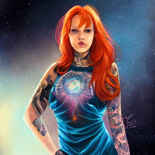 Prompt: a full body photo portrait of a beautiful tattooed redhead woman sitting, carrying a laser gun, a planet in the background. blue tight dress, light iridescent hair color, fantasy, realistic, intricate, sharp focus, lens flare, bloom, rim light, illustration, highly detailed, digital painting, concept art, matte, art by ruan jia