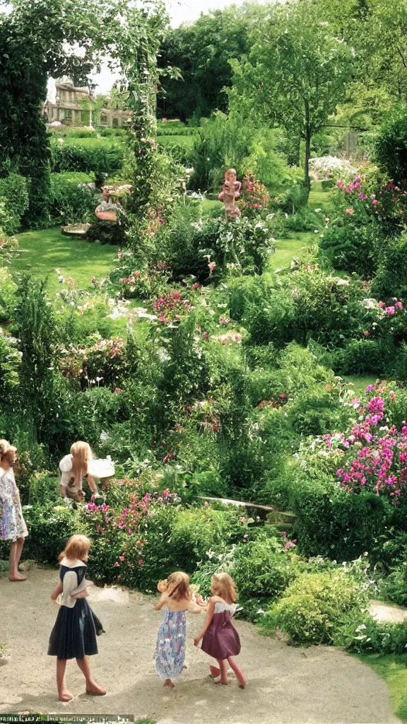Prompt: The famous garden scene of the girls couple with kid in the Eric Rohmer movie: A green town for us to live in