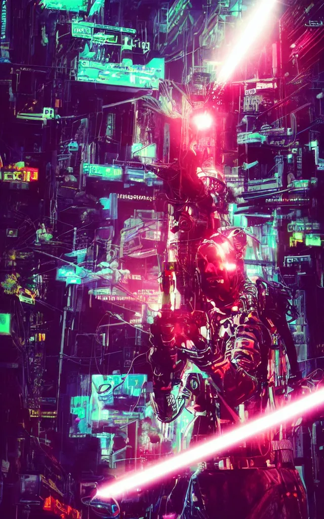 Prompt: Cybernetic Pope shooting bright lasers, 80s, science fiction, cyberpunk, neon, low angle shot, cross, pope, movie poster, futuristic