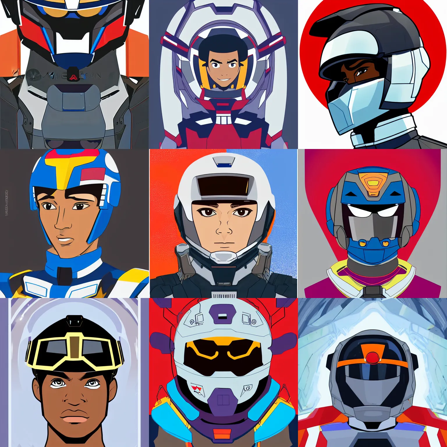 Prompt: a vector illustration of one young handsome 👨🏾‍🦲 gundam pilot with intricate helmet on, portrait photography by milestone media and denys cowan and jim lee, symmetrical facial features, symmetrical proportions, epic composition, high energy, proud, colorful, white background, in the style of Teen Titans and Disney's the Proud Family, beautiful portrait, photorealistic, 32k, hd, cinematic lighting, uplight, leftlight, studio lighting,