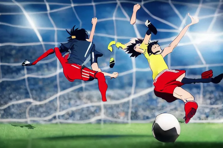 Prompt: anime soccer player scores goal with bicycle kick, hyperrealism