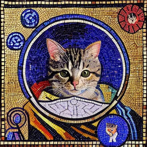 Prompt: a byzantine mosaic of a cute cat on a space station in the style of monet