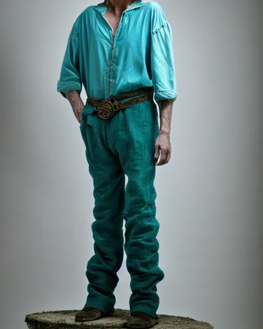 Image similar to blurry photo of a ancient male model wearing a teal boot cut flared distressed medieval designer menswear trousers designed by kapital, 4 k, studio lighting, wide angle lens, 2 0 0 4