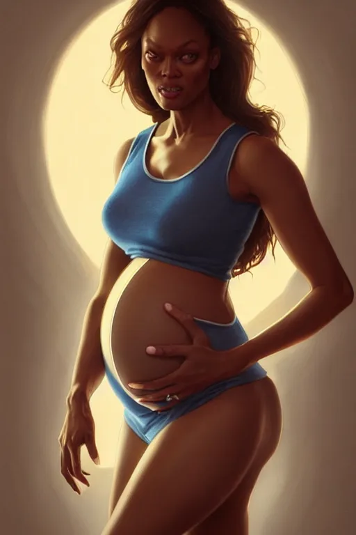 Image similar to pregnant tyra banks in a tank top, realistic portrait, symmetrical, highly detailed, digital painting, artstation, concept art, smooth, sharp focus, illustration, cinematic lighting, art by artgerm and greg rutkowski and alphonse mucha