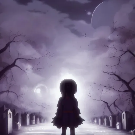 Image similar to anime hd, anime, 2 0 1 9 anime, ghost children, children born as ghosts, london cemetery, gloomy lighting, moon in the sky, gravestones, creepy smiles