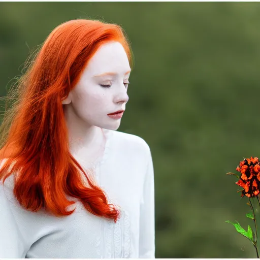 Image similar to Portrait of a young redhead lady with a flower, Canon EOS R3, f/1.4, ISO 200, 1/160s, 8K, RAW, unedited, symmetrical balance, in-frame