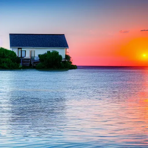 Image similar to a photo of a house, boat on the water, sunset