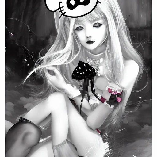 Image similar to Goth girl dressed in a hello kitty outfit, black and white cat next to it, by Stanley Artgerm Lau, WLOP, Rossdraws, James Jean, Andrei Riabovitchev, Marc Simonetti, Yoshitaka Amano, ArtStation, CGSociety,